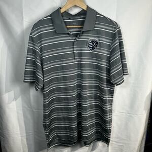 Adidas sporting KC polo men’s large gray white striped soccer sports